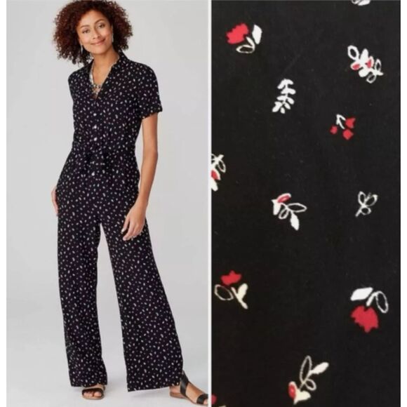 J Jill Black Floral Tie Waist Wide Leg Short Sleeve Casual Flowy Jumpsuit Sz L - Picture 1 of 13